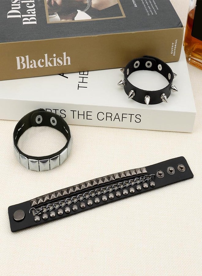UlZDVUli Studded Bracelet, Rock Bracelets, 3 Pieces Black Rock Emo Punk Goth Leather Wristband, Gothic Rivet Cuff Wristbands Jewelry Accessories for Men Women Halloween - Image 4